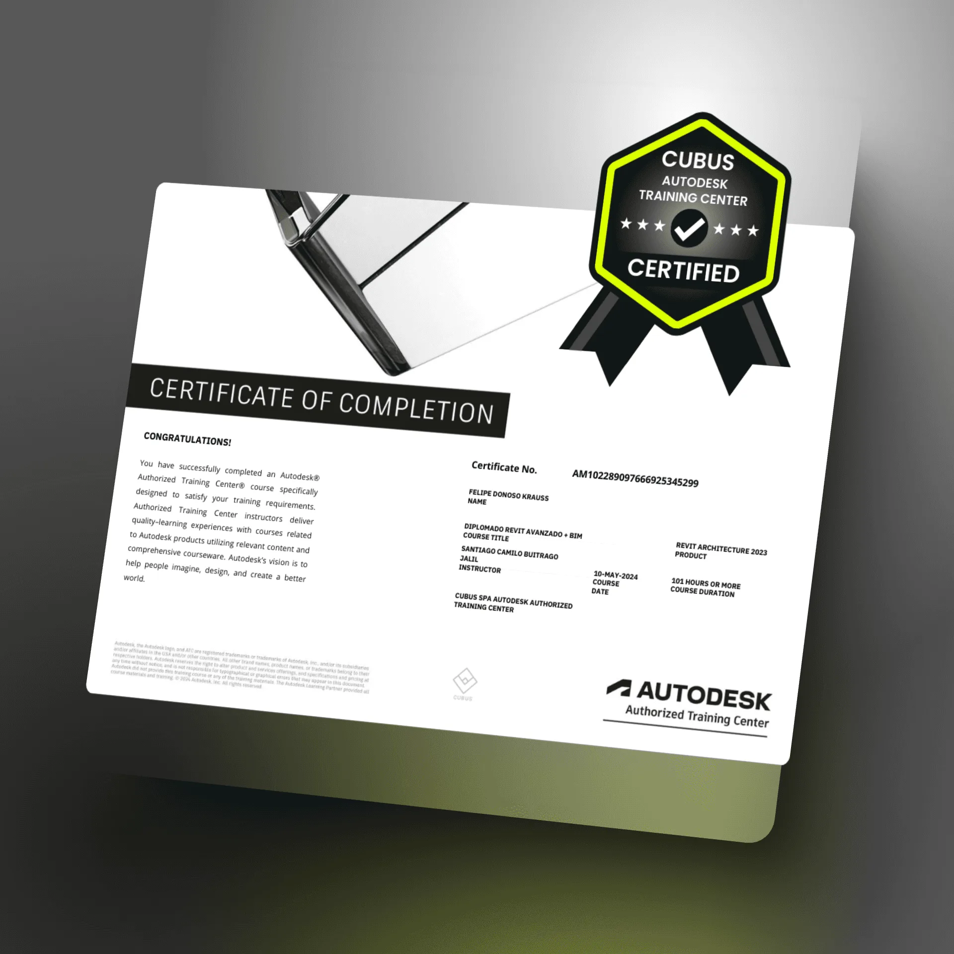 Certificado Oficial Autodesk · CUBUS Authorized Training Center